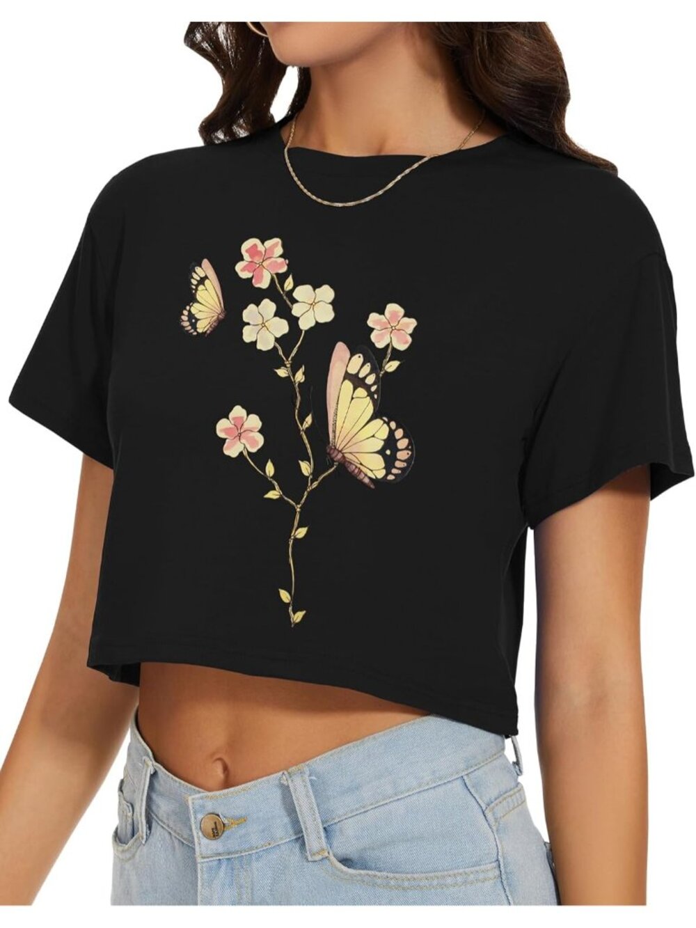 Women's Pink Butterfly Flower Short Sleeve Round Neck Loose Fit Summer Crop Tops - Picture 4 of 6